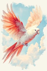 Detailed oil painting of a flying white parrot with vibrant red wings, soft cloud background, elegant clipart.