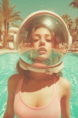 Futuristic vintage portrait of a woman in a bikini and astronaut helmet, pink and blue pastel hues, artistic and elegant.