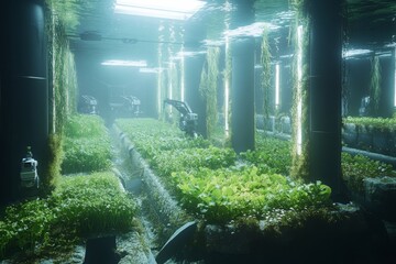 Large-scale oceanic permaculture with AI-managed algae bioreactors, sunlit water columns nurturing multi-colored sea vegetables for carbon-neutral food production.