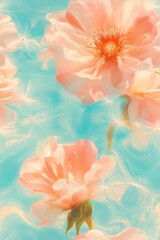 Vertical floral wallpaper with soft orange flowers drifting on water, surreal and harmonious