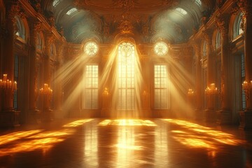 Fototapeta premium Grand Opulent Ballroom Interior with Baroque Detailing and Golden Sunlight