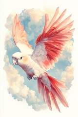 Artistic oil painting of a white parrot soaring with bright red wings, realistic sky background, clipart on white paper.