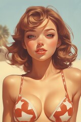 Vintage-inspired illustration of a gorgeous brunette in a bikini, standing at the beach with warm retro colors and nostalgic vibes.