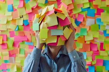 A person is standing in front of a wall covered with colorful sticky notes. The person's head is covered with numerous post-it notes, and they are holding up more sticky notes on top of themselves