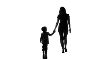 Silhouettes of a woman, man, and couple walking together with children in a romantic and happy scene