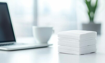 A stack of white paper napkins sits on a modern office desk with a laptop and coffee cup.