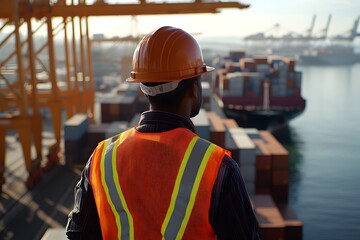 A worker in an orange vest and helmet stands on the dock of a port with containers, looking at ships ready to transport goods across the world. The harbor is busy with cargo trucks moving through ship