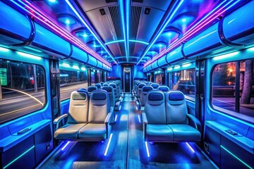 Empty futuristic bus, bathed in blue neon, glides through the night, captured by a drone.