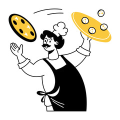 Hand drawn character illustration of a chef tossing pizza doughs 