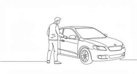 Minimalist single line art depicting a man opening a modern vehicle's door