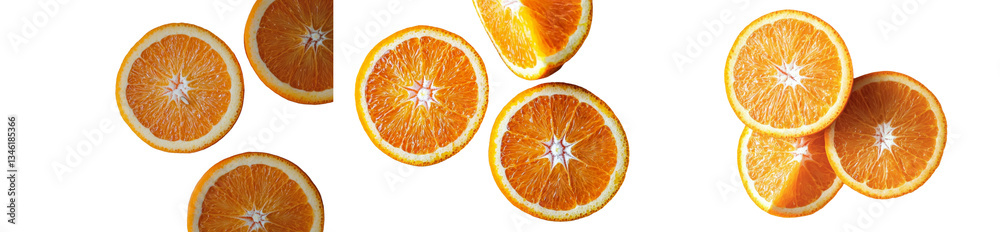 Poster the image features a overhead view of succulent orange slices, teeming with juice, that have been ca