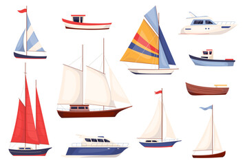 Ship, sailboat, frigate, yacht and other floating or shipping marine vehicles. Water transport set design elements in flat style. Marine vessels and boats bundle. Vector illustration isolated on white