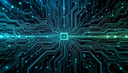 Abstract Technology Background Circuit Board Glowing Lines Digital Data Network Checkmark