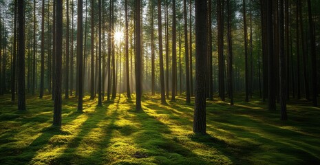 Obraz premium Sunlight filters through tall trees in a tranquil forest during a serene morning in nature