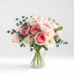 Obraz premium Elegant bouquet of flowers on a clean white background, softly lit and carefully arranged. Semi-realistic scene emphasizing simplicity, freshness, and refined aesthetic beauty. 