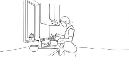 Minimalist line art: A solitary figure cooks in a stark white kitchen scene