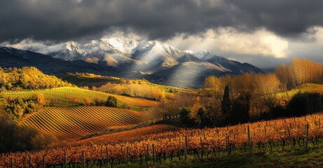 Vibrant autumn landscape with vineyards and snow-capped mountains under cloudy skies in late afternoon light