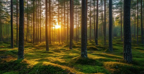 Fototapeta premium Sunlight filters through tall trees in a serene forest during early morning hours