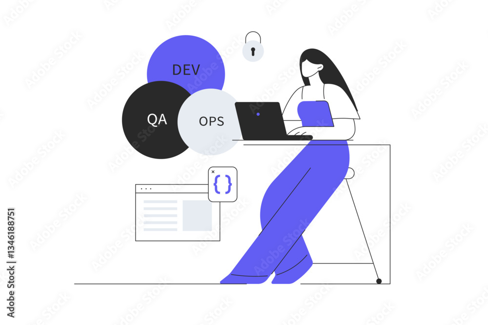Aufkleber devops developer concept. programmer woman working on software development, operations process, tech