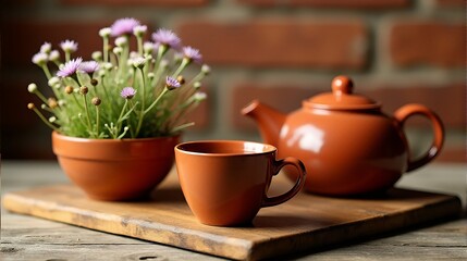 Terracotta Tea Set with Flowers on Wooden Surface Still Life Photo