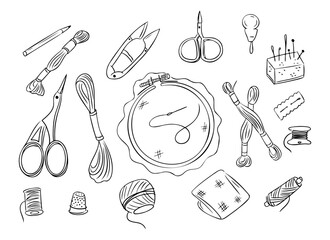 A hand-drawn illustration set with embroidery tools, thread, scissors, needles, and a hoop with stitching. The design represents craftsmanship, creativity, and the art of embroidery © Olena