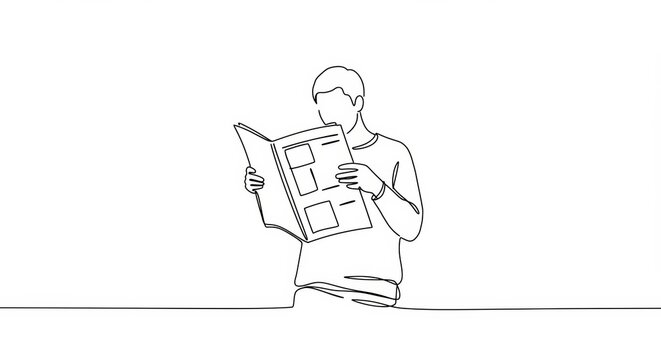 Minimalist Line Art: Person Engrossed in Newspaper Reading against White Backdrop