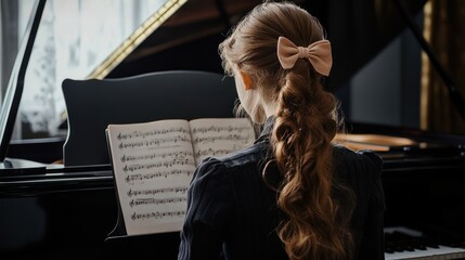 Girl with long hair reading sheet music at a grand piano.