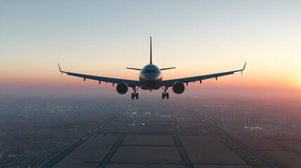 Airplane Approaching Landing Strip During Sunset Over City Lights