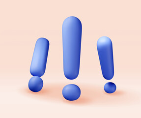 3D blue exclamation mark isolated on white. Render attention, information, danger and warning icon. Alert and alarm symbol. Social media network notification reminder. Vector illustration