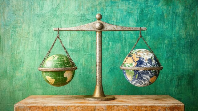 A vintage scale balances two globes, representing Earth, one showcasing Africa and the other depicting the entire planet, set against a textured green background.