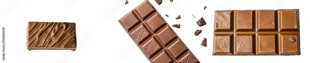 Poster dark chocolate and cocoa bars, in isolated pieces, are positioned on a white background and viewed f