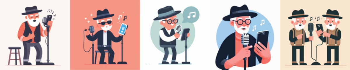 vector of grandfather singing with microphone