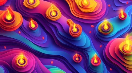 Colorful paper art diya lamps on abstract wavy background.