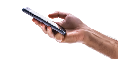 Realistic Image of Hand Holding Silver Phone Featuring Mobile Communication Device Digital Technology and Touch Screen on Transparent Background