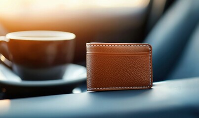 A stylish brown leather wallet rests near a warm cup of coffee, exuding simple elegance.