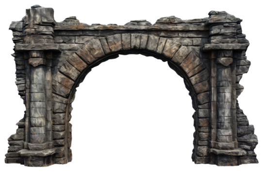 dark stone anchient arch gate isolated on white or transparent png