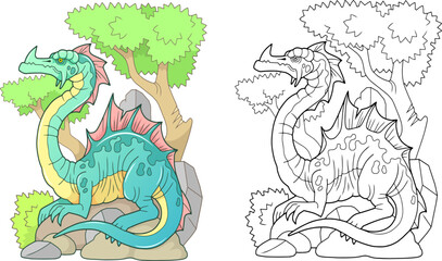 cartoon carnivorous dragon, coloring book, funny illustration