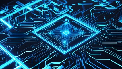 Blue circuit board digital technology background with electronic chips and motherboard pattern