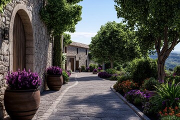 Obraz premium A 3D-rendered Avignon medieval street, with realistic textures of stone houses, rustic wooden doors, and colorful flower pots
