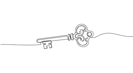 Elegant antique key illustration rendered with a single continuous line art
