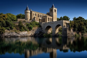 Fototapeta premium A 2D flat illustration of the Pont dâ€™Avignon, showing its famous arches over the RhÃ´ne River in a simple, colorful style