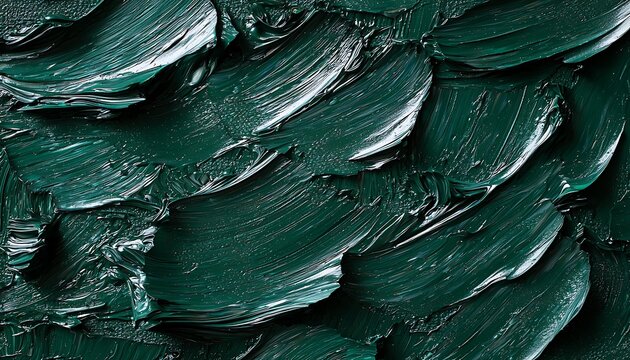 Closeup a dark green abstract painting texture, with oil or acrylic brushstroke waves on canvas, providing a richly textured background for wallpapers or artistic projects.