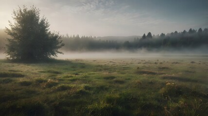 a dense fog rolling over a quiet meadow