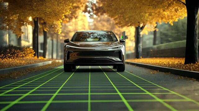 The electric car drives in a dedicated lane for wireless charging, a glowing green e-grid pattern blended into the pavement with yellow boundary lines