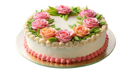 Pink wedding cake with roses isolated on white background