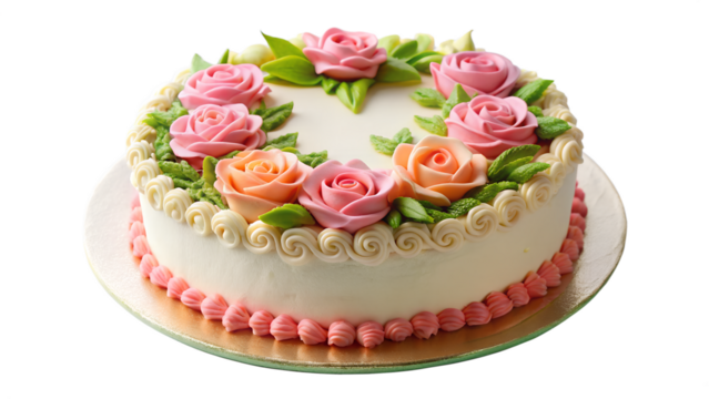 Pink wedding cake with roses isolated on white background