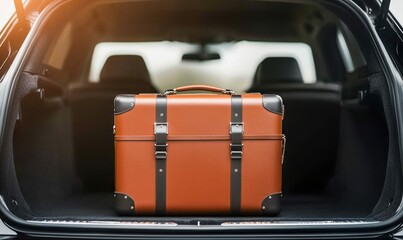 A vintage leather suitcase sits neatly in the open trunk of a modern black car, prepared for a road trip.
