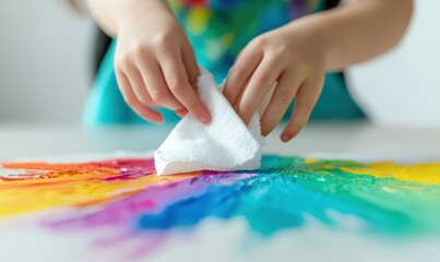 Obraz premium A child cleans up a vibrant rainbow of paint with a white tissue, showcasing responsibility and care.
