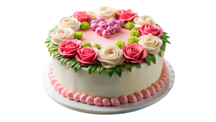 Pink wedding cake with roses on white background