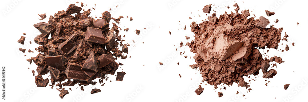 Poster a white background serves as the backdrop for a pile of chopped and milled chocolate paired with a h